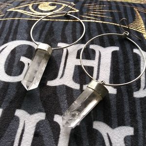 Silver tone Clear Quarts Dangle Hoop Earrings